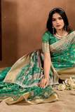 Green Soft Silk Saree with Gold Zari & Multicolor Accents