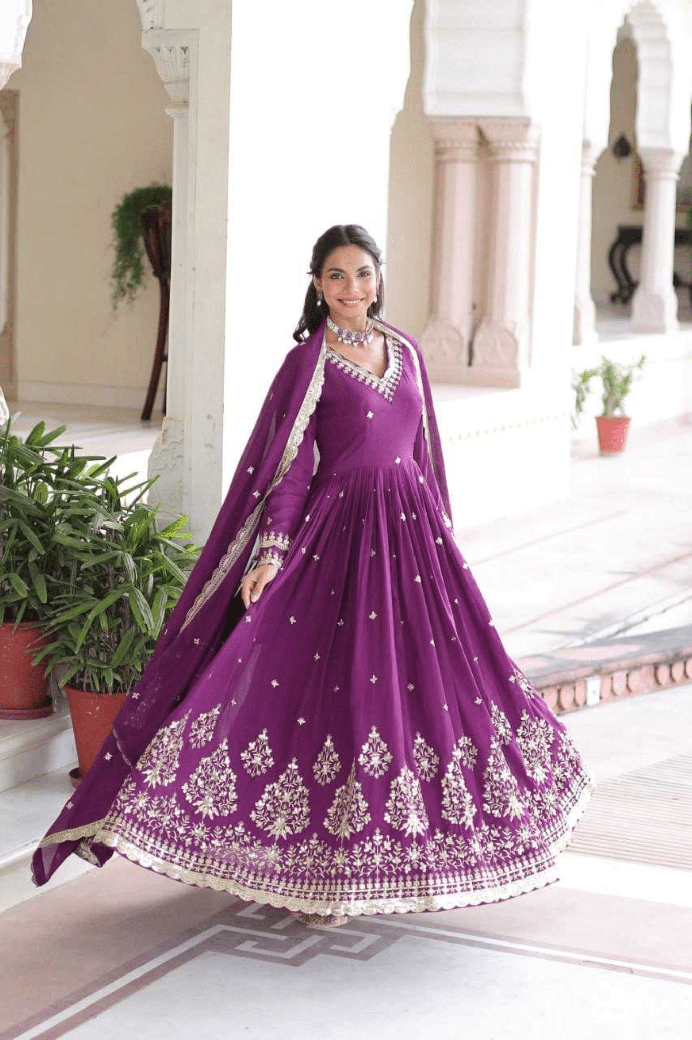Purple Royal Vichitra Silk Anarkali Gown Set - kavyo.in