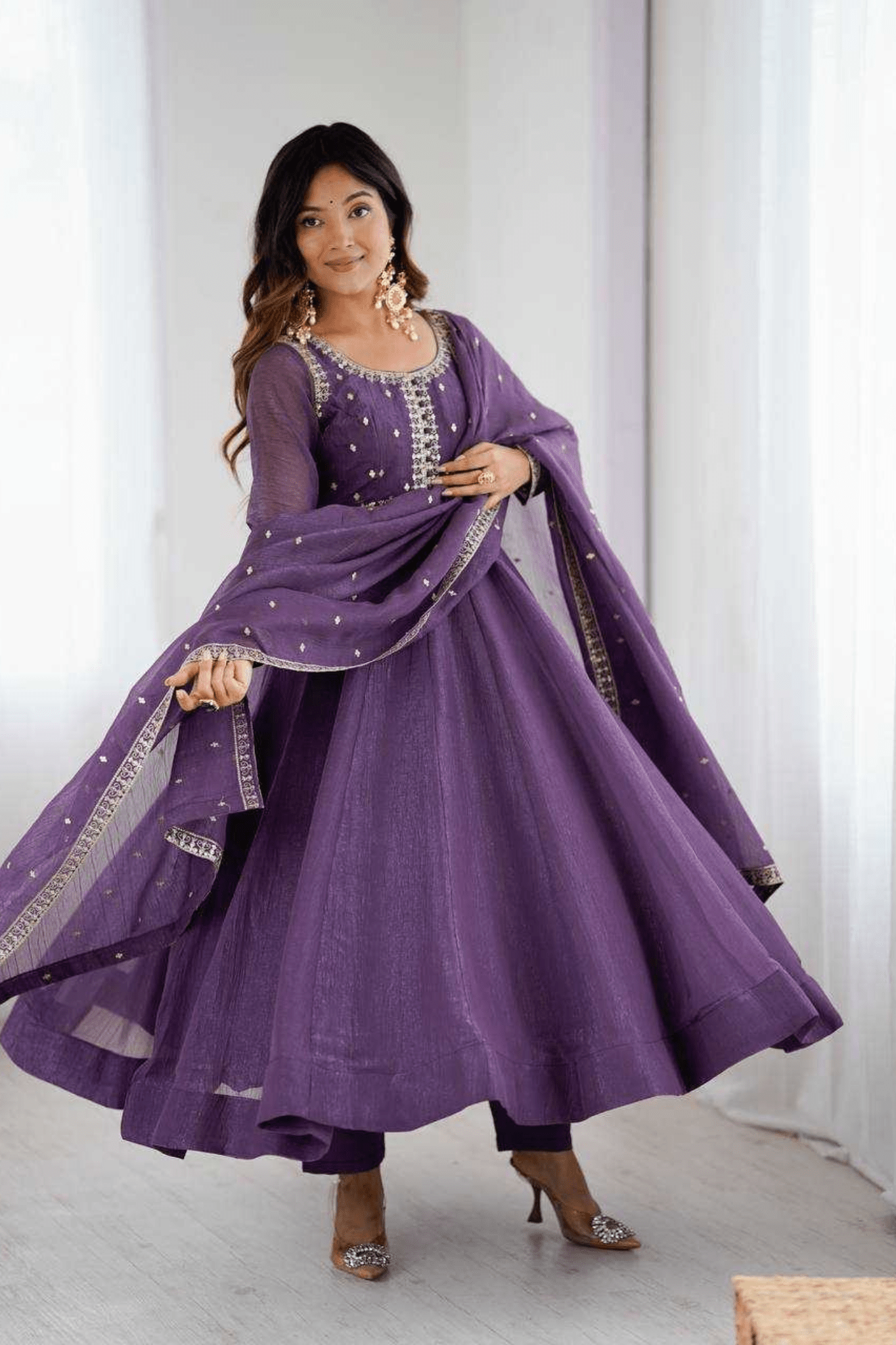 Royal Purple Crunchy Silk Embroidered Anarkali Gown Set - kavyo.in