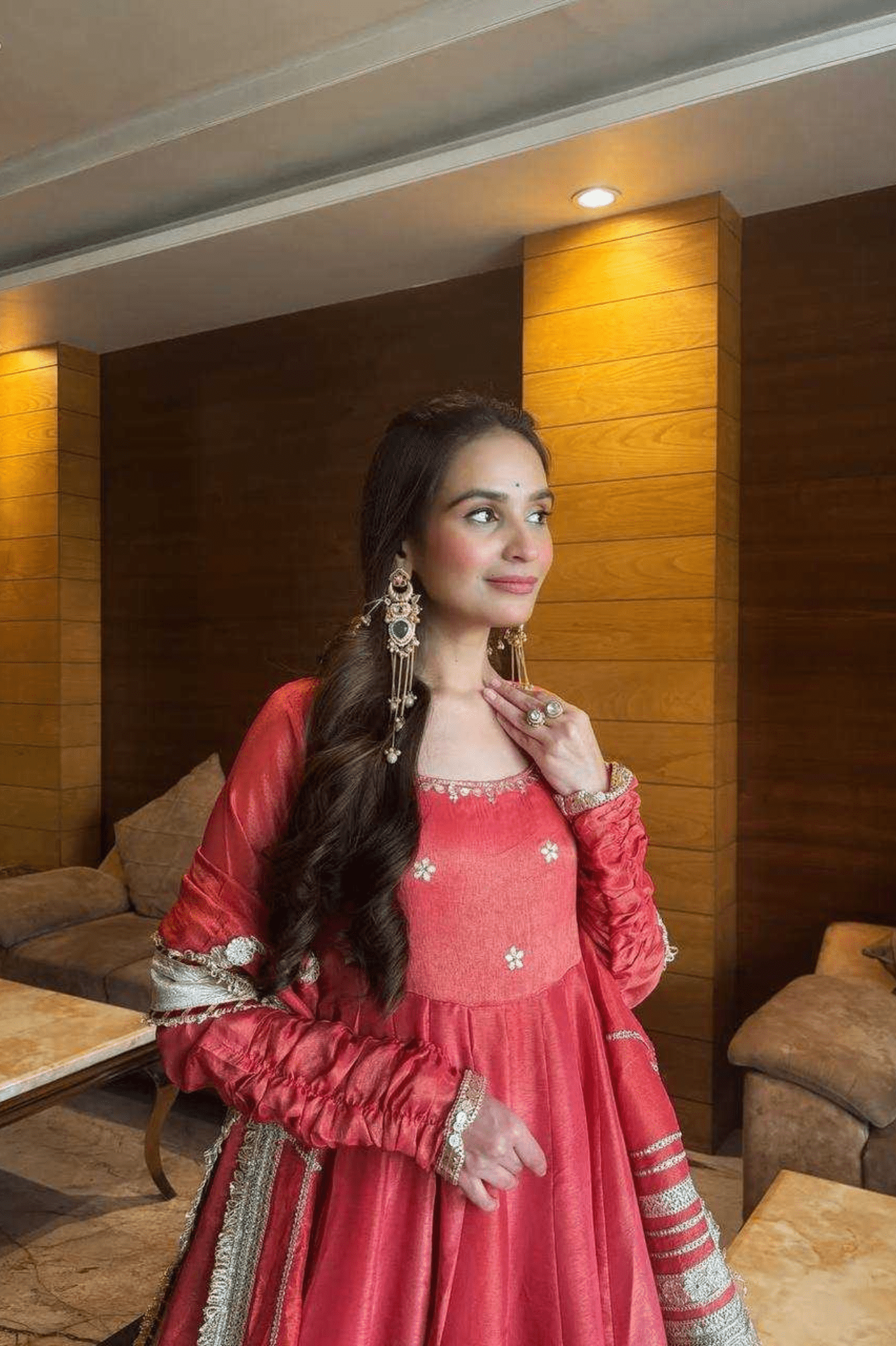 Peach Chinon Silk Anarkali Set with Pant & Lace Dupatta - kavyo.in