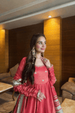 Peach Chinon Silk Anarkali Set with Pant & Lace Dupatta - kavyo.in