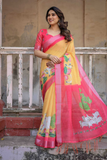 Yellow & Pink Pure Linen Saree with Silver Border & Tassels