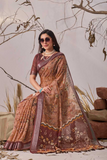 Brown Linen Cotton Saree with Digital Floral Prints