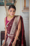 Wine Soft Lichi Silk Saree with Rich Zari Pallu & All-Over Jacquard Weave