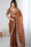 Soft Fendy Chiffon Saree with Heavy Sequin & Thread Embroidery + Scallop Border