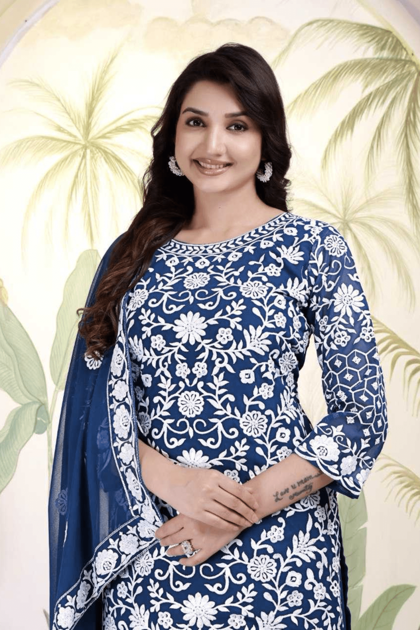 Navy Blue Faux Georgette Embroidered Palazzo Suit with Dupatta - kavyo.in