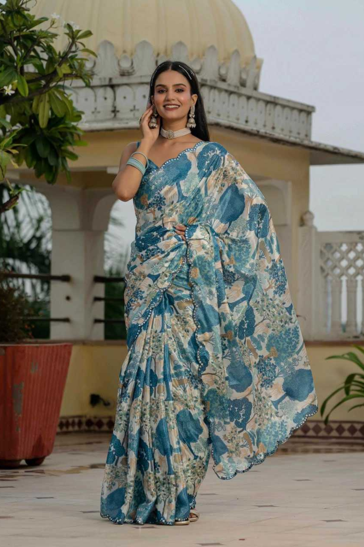 Heavy Chinnon Printed Saree with Kutchi Mirror Lace Border