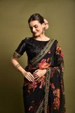 Black Floral Georgette Saree with Golden Embroidered Lace Border