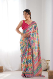 Vibrant Kutchi Print Heavy Chinnon Saree with Mirror Lace Border