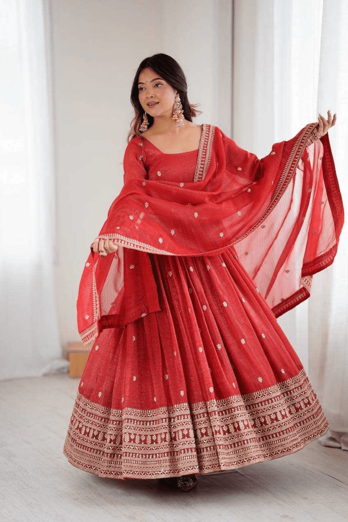 Crimson Heritage Crunchy Silk Anarkali Gown Set with Dupatta - kavyo.in