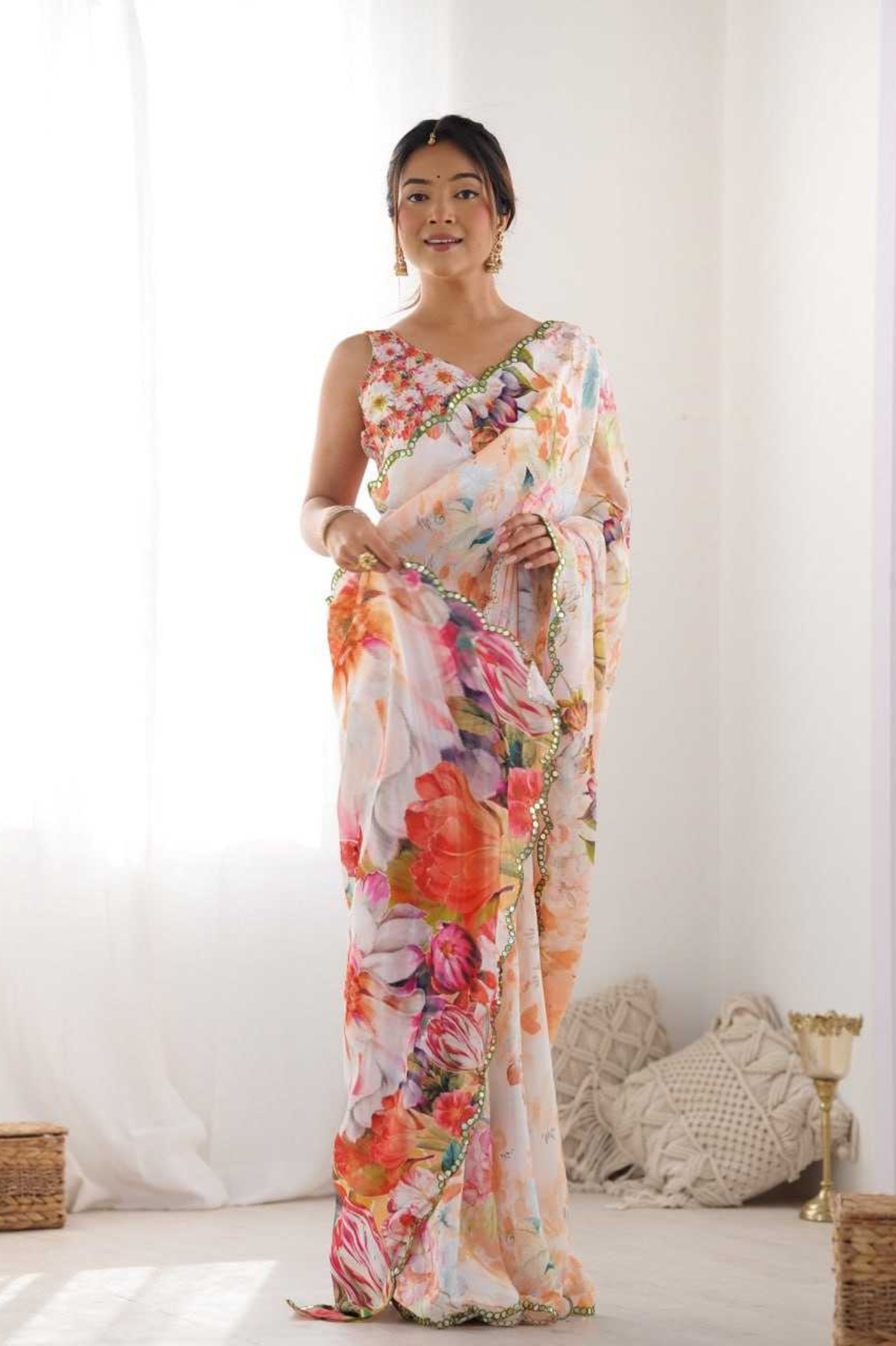 Elegant Floral Heavy Chinnon Saree with Mirror Lace Border