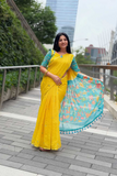 Yellow Heavy Linen Saree with Kalamkari Digital Print & Tassel Detailing