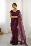 Net Saree with Heavy Sequins & Dori Work- Wine