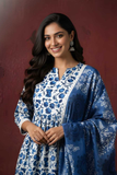 Indigo Heritage Printed Cotton Kurta Pant Dupatta Set