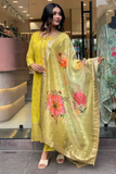 Yellow Viscose Organza Embroidered Kurti Set with Jacquard Dupatta