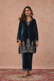 Midnight Teal Velvet Embroidered Suit Set