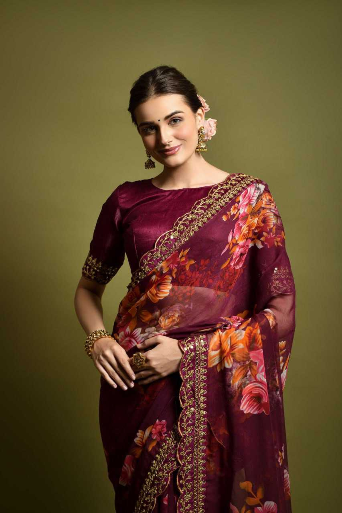 Maroon Floral Georgette Saree with Golden Embroidered Lace Border