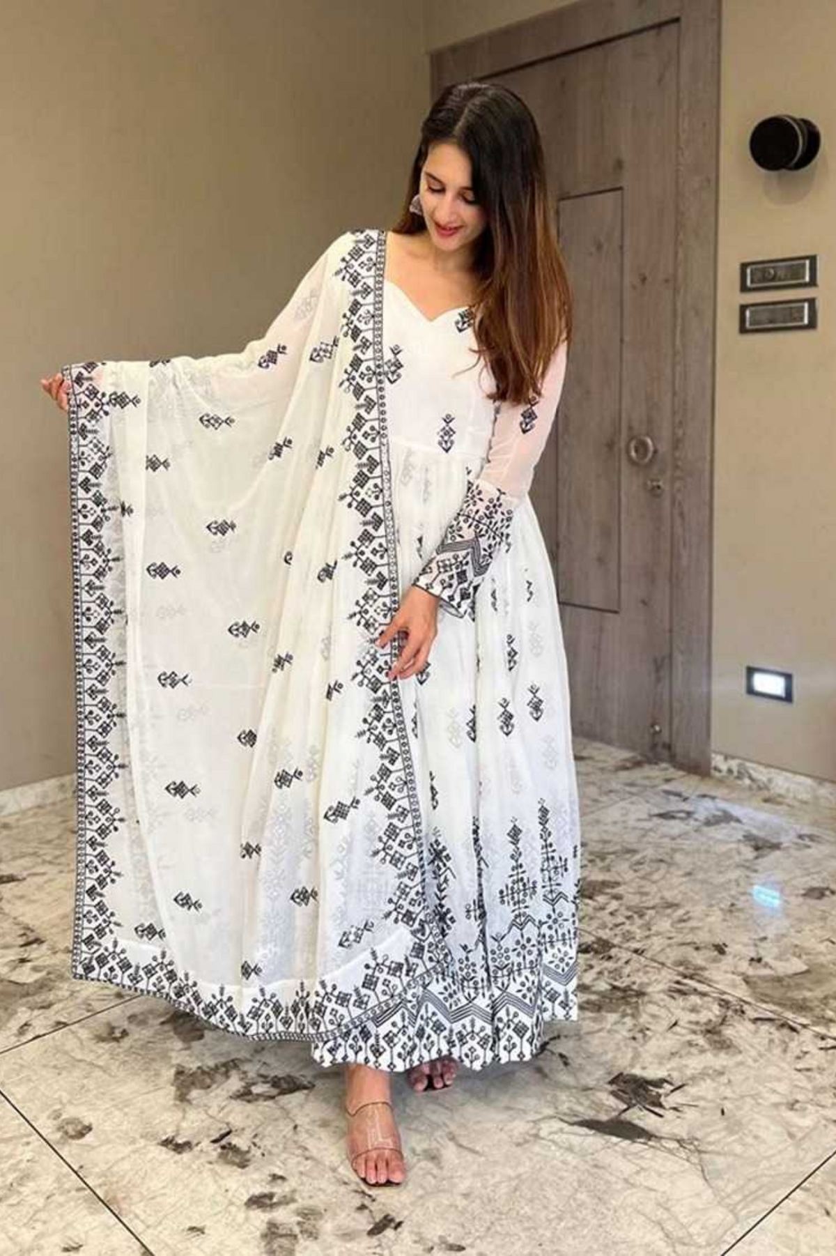 White & Black Printed Anarkali Suit Set with Dupatta
