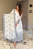 White & Black Printed Anarkali Suit Set with Dupatta