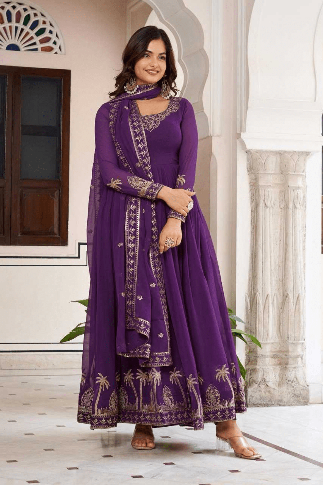 Royal Amethyst Faux Georgette Anarkali Gown Set with Dupatta - kavyo.in