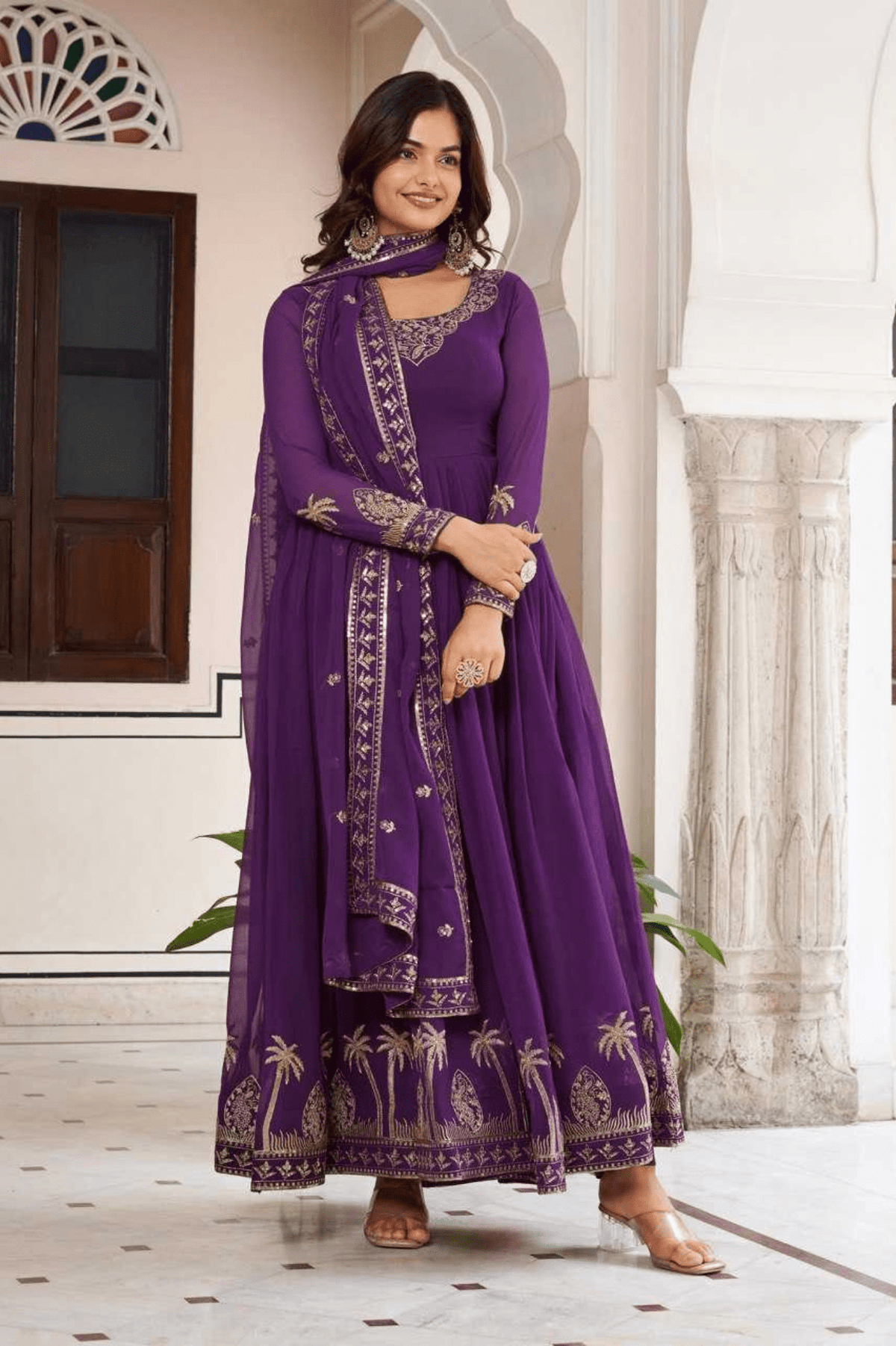 Royal Amethyst Faux Georgette Anarkali Gown Set with Dupatta - kavyo.in