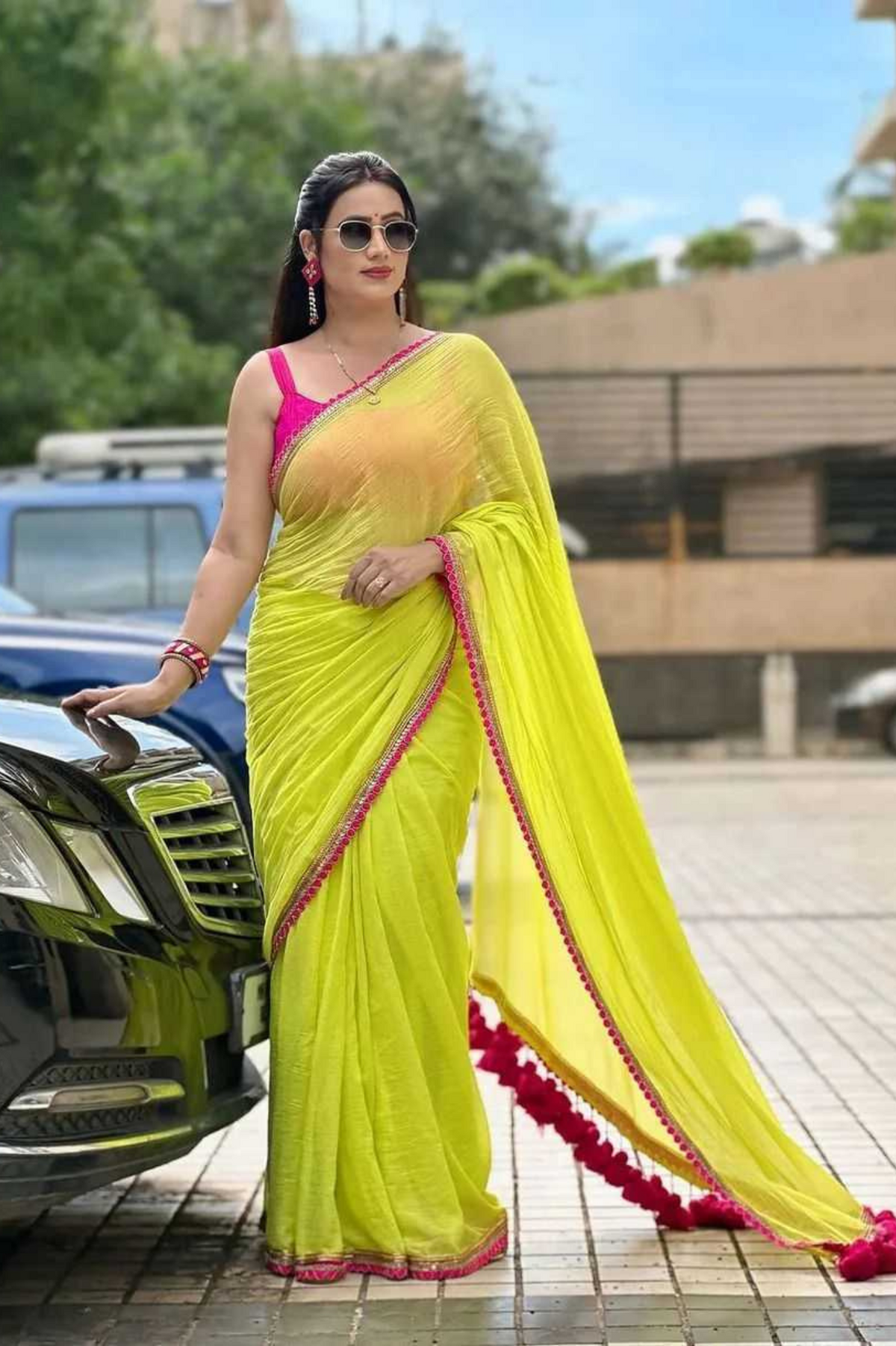 Neon Yellow Georgette Saree with Pink Lace Border & Tassels