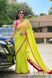 Neon Yellow Georgette Saree with Pink Lace Border & Tassels