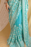 Aqua Blue Lucknowi Embroidered Georgette Saree with Silver Jari Detailing