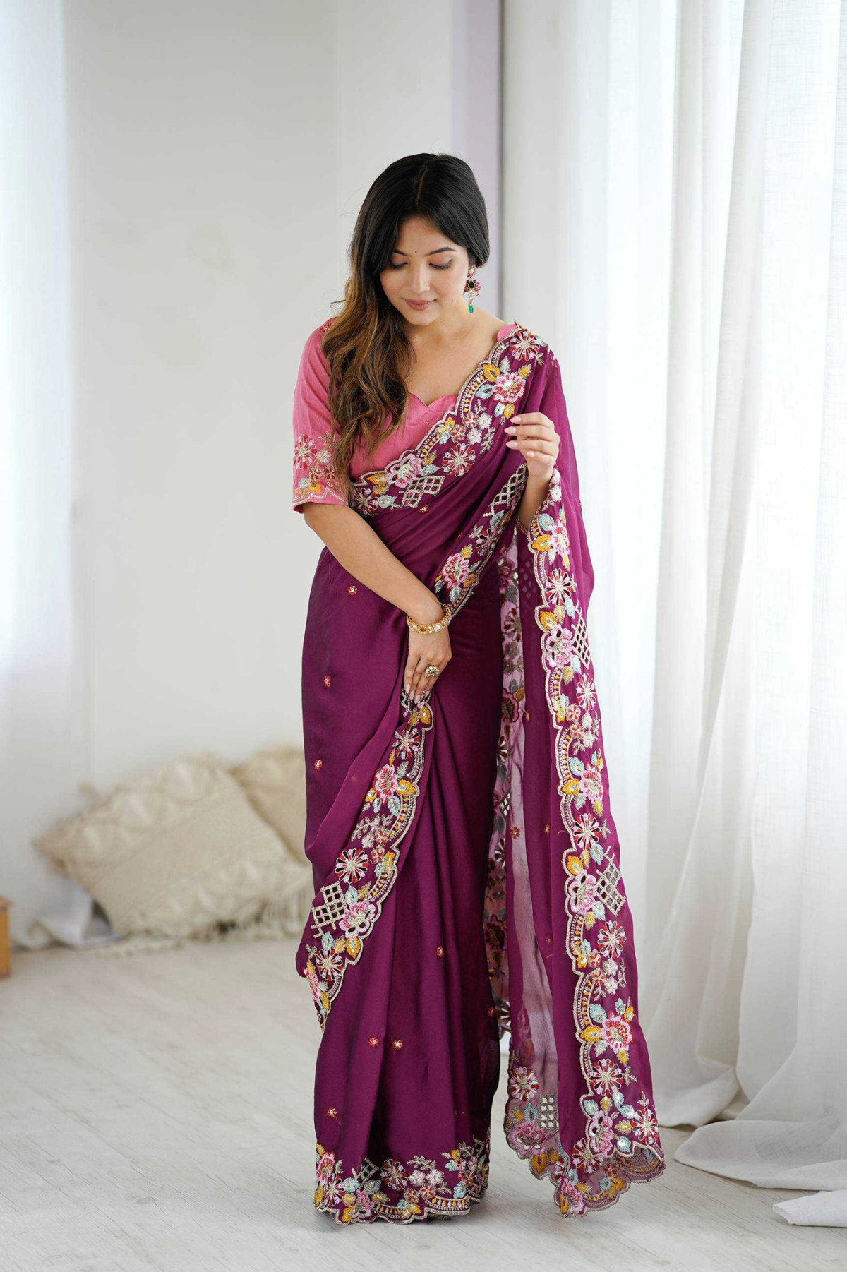 Premium Noha Crush Saree with Heavy Embroidery, Sequins & Cutwork Border
