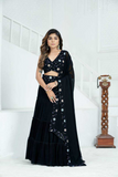 Elegant Black Pure Faux Georgette Embroidered Lehenga Set