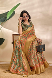 Olive Green Soft Silk Saree with Golden Zari Border & Patola-Inspired Design