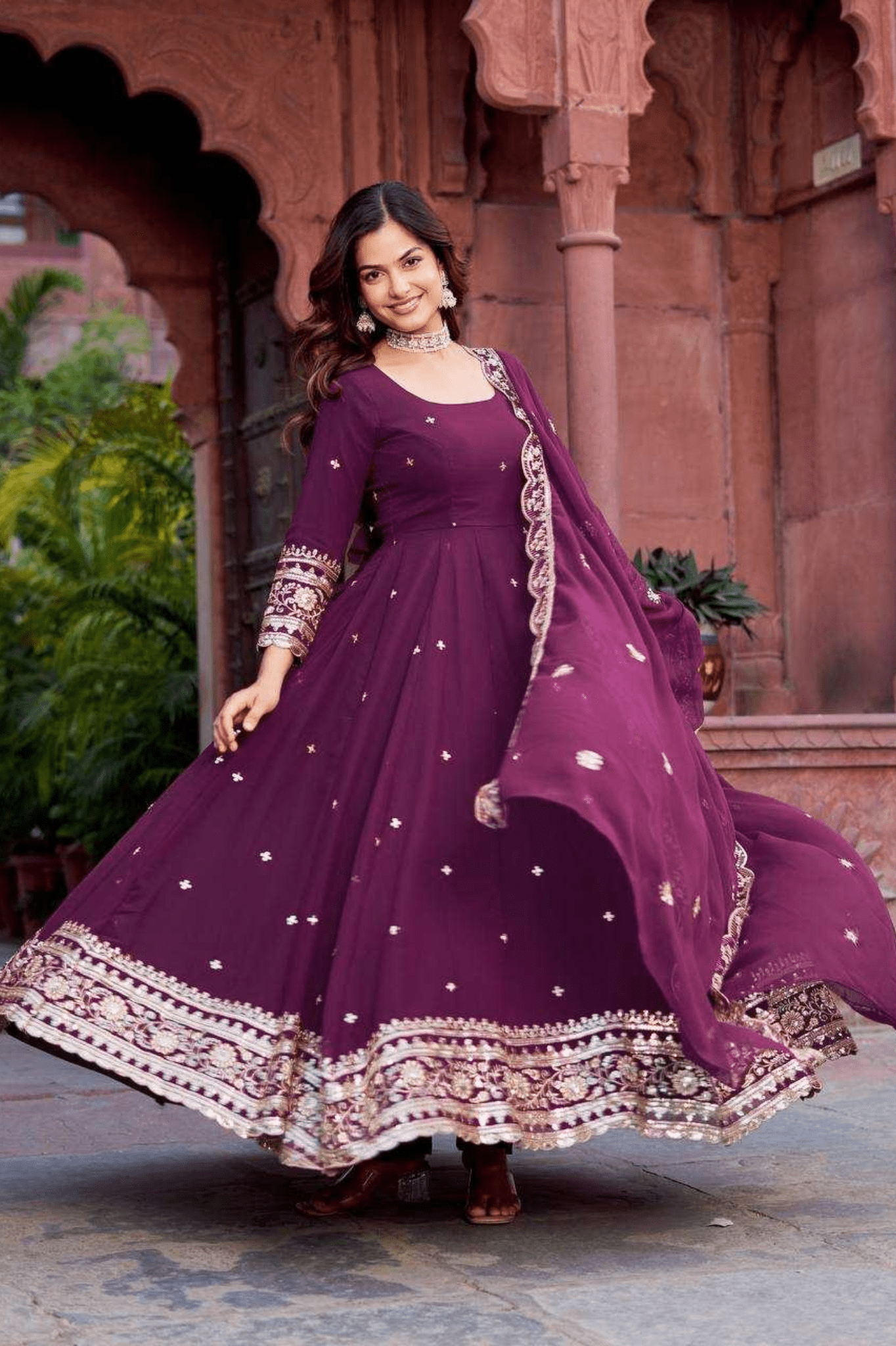 Regal Charm Faux Georgette Embroidered Gown Set with Dupatta - kavyo.in