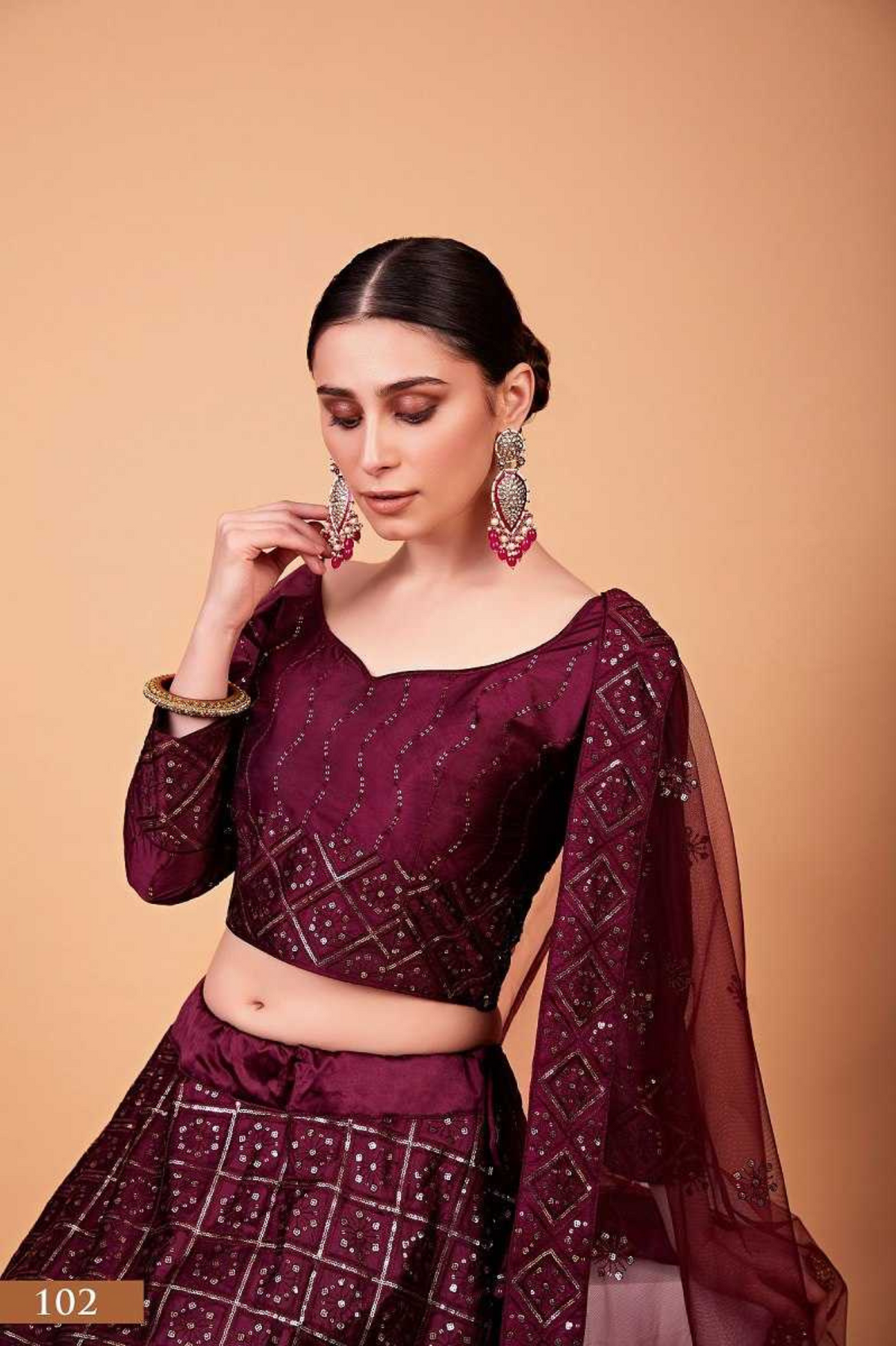 Maroon Heavy Tebi Silk Thread & Sequins Embroidered Lehenga Choli with Butterfly Net Dupatta