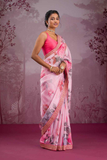Elegant Floral Chinon Silk Saree with Sequin & Cording Lace Border