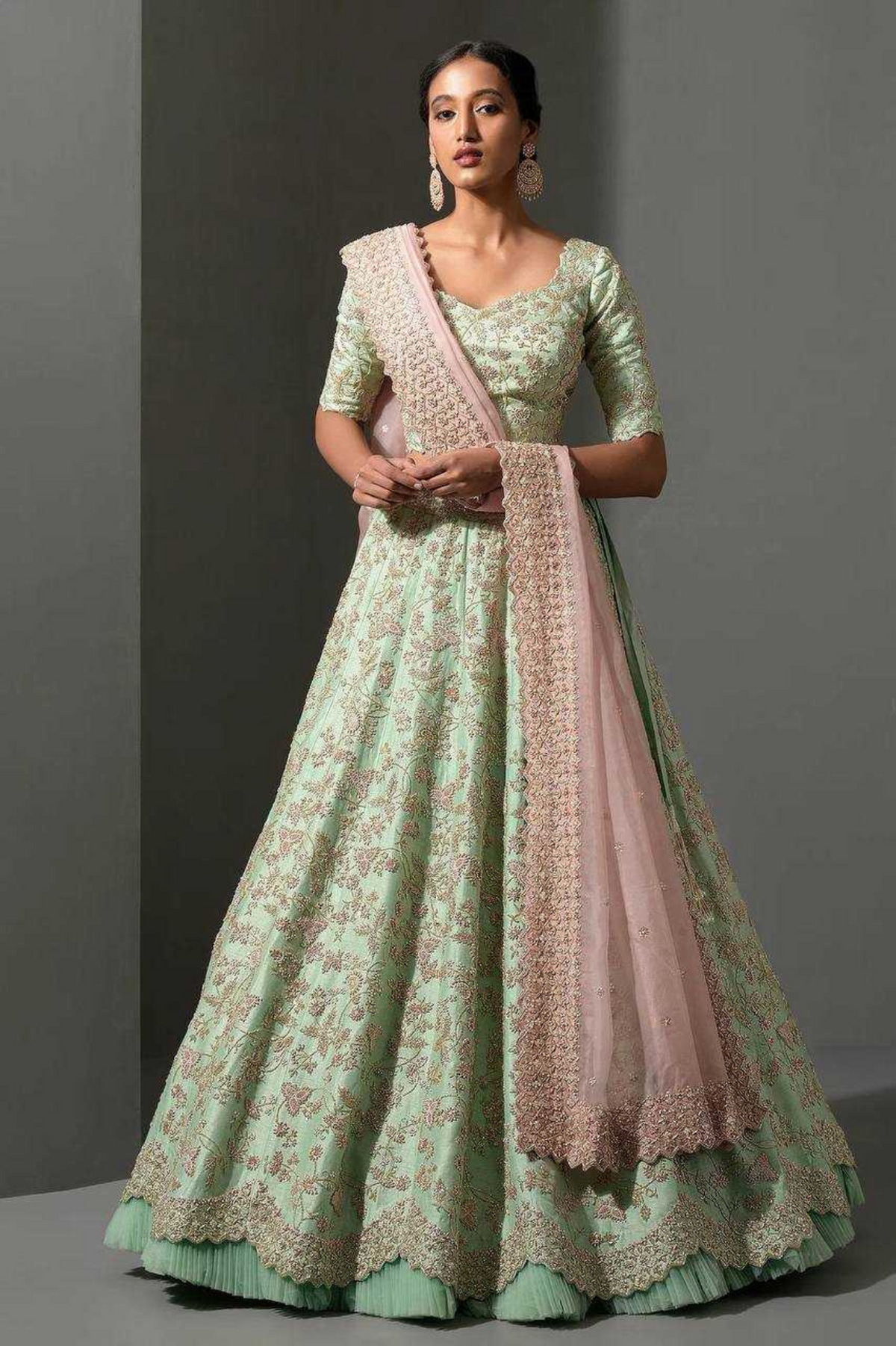 Mint Green Mulberry Silk Lehenga with Sequins, Thread & Dori Work