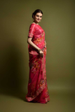 Rani Floral Georgette Saree with Golden Embroidered Lace Border