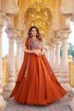 Burnt Orange Rangoli Silk Lehenga Choli Set with Shrug-Style Dupatta