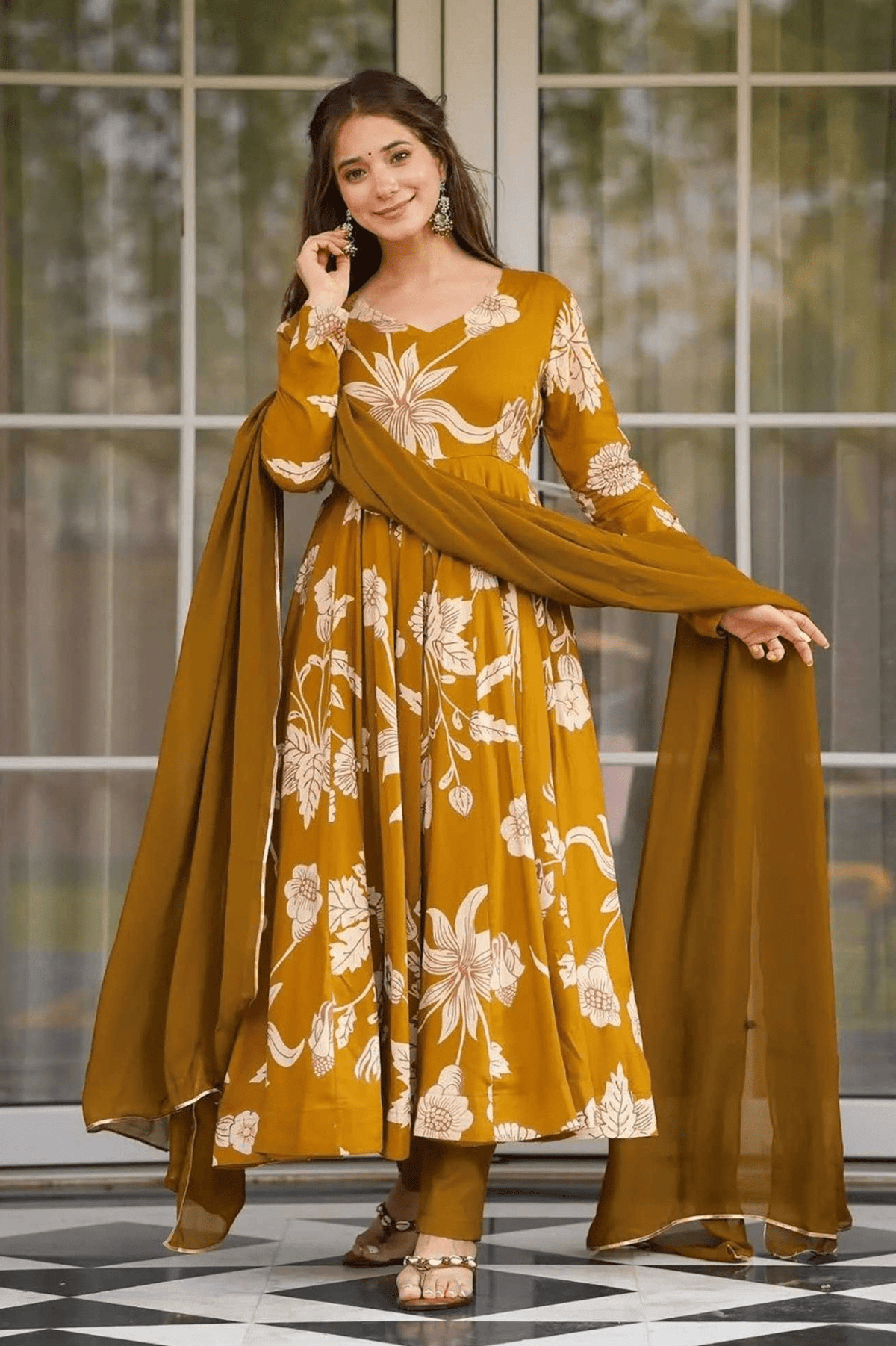 Vaani Mustard Bloom Rayon Anarkali Suit Set - kavyo.in