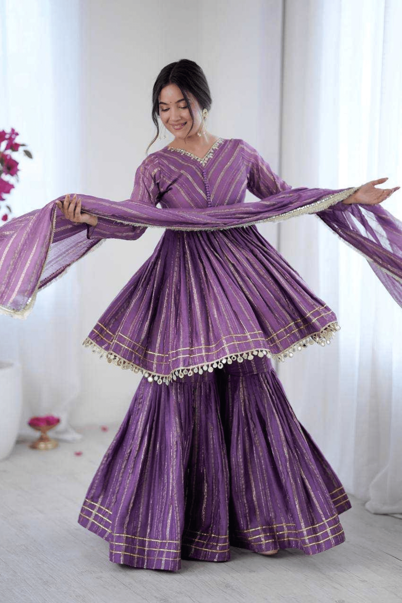 Purple Mal Chanderi Mirror Work Sharara Palazzo Set - kavyo.in