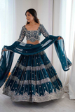 Teal Blue Faux Georgette Embroidered Lehenga Choli Set with Dupatta