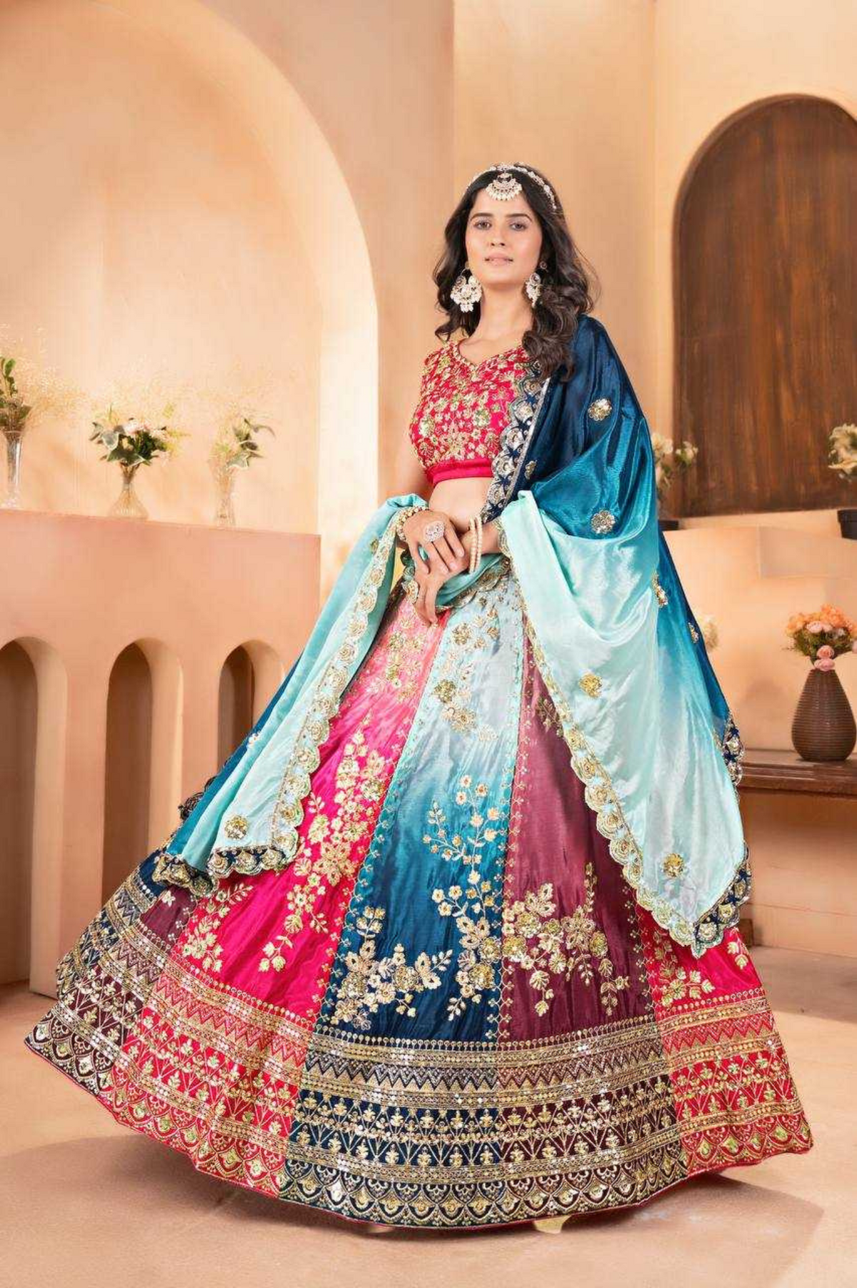 Multicolor Embroidered Chinon Pedding Lehenga with Rich Detailing