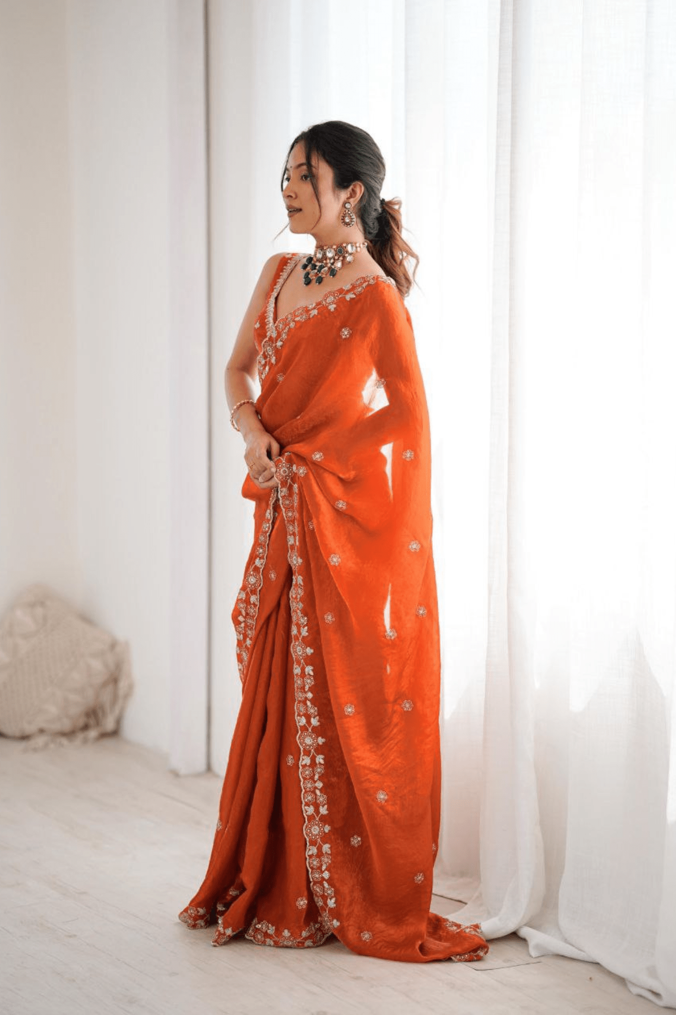 Rust Orange Heavy Fendy Silk Designer Saree with Thread & Sequin Embroidery - kavyo.in