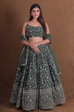 Elegant Olive Green Georgette Embroidered Lehenga Set