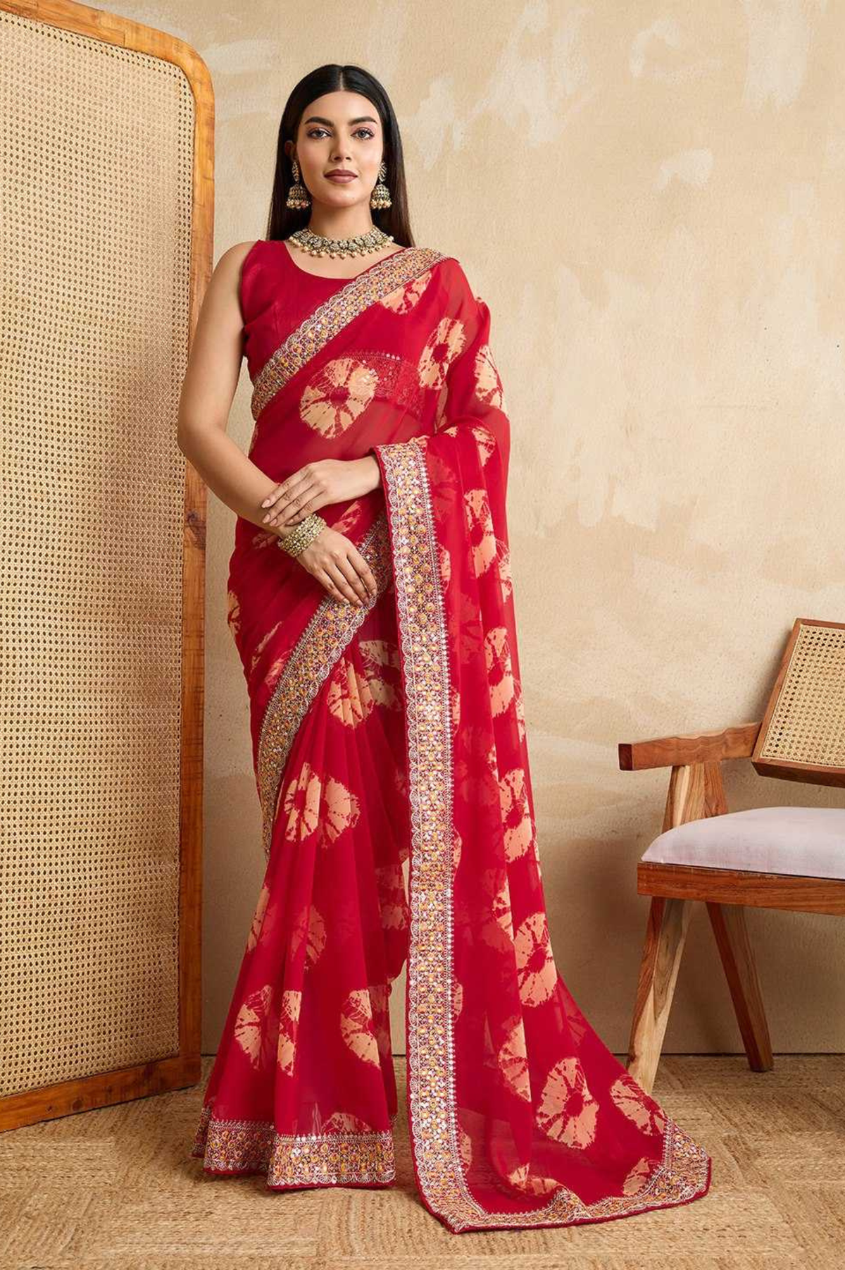 Bandhej Georgette Saree with Multi Embroidery Lace Border