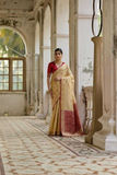 Golden Soft Desi Raw Silk Saree with Pochampally Ikkat Concept & Zari Weaving Border