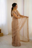 Net Saree with Heavy Sequins & Dori Work- Cream