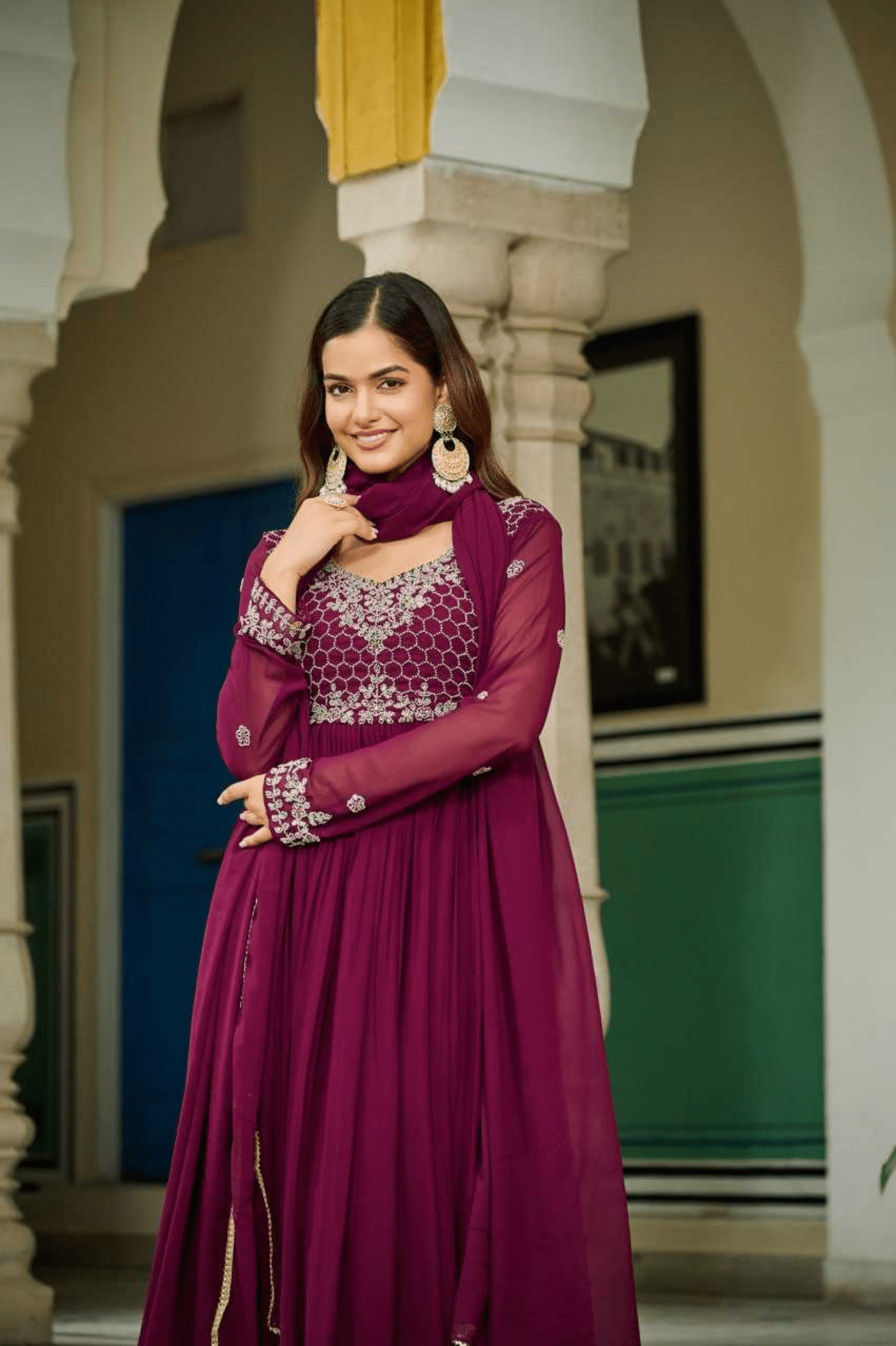 Wine Grace Faux Blooming Anarkali Gown with Designer Dupatta - kavyo.in