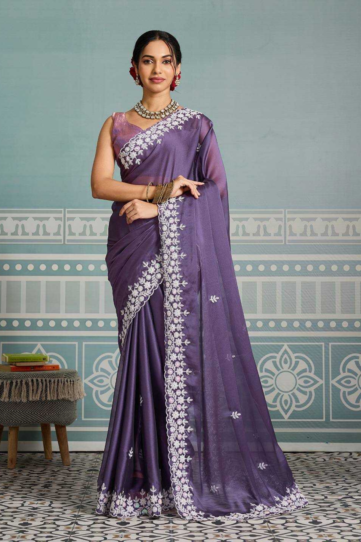 Rangoli Silk Saree with White Floral Embroidery & Cutwork Border