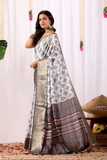 Soft Lichi Silk Saree with Ethnic Motif Print, Golden Zari Border & Rich Maroon Pallu