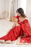 Ratna Rouge Pure Fandi Satin Silk Saree with Pearl Embellishment, Real Mirror & Zari Lace Border